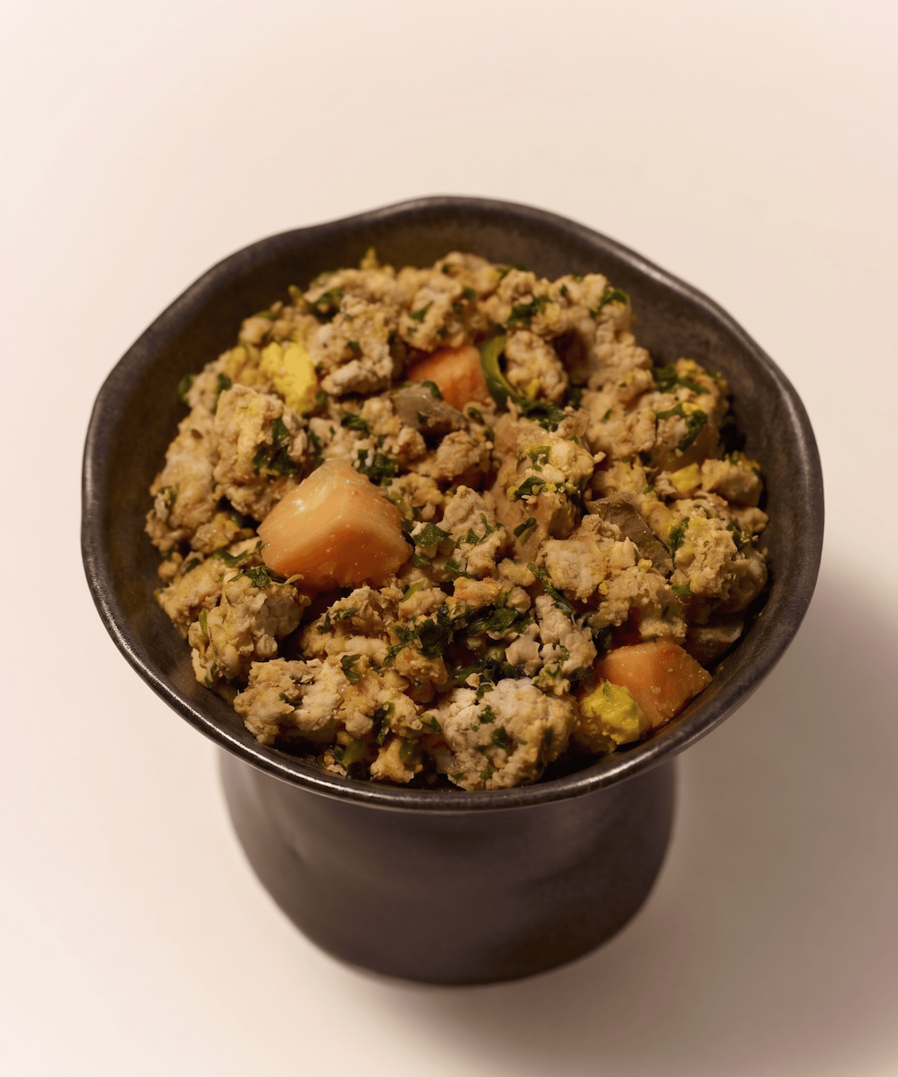 Purely Golden Foods turkey dog food served in a dark ceramic bowl, showing visible whole food ingredients including pumpkin, spinach and egg.